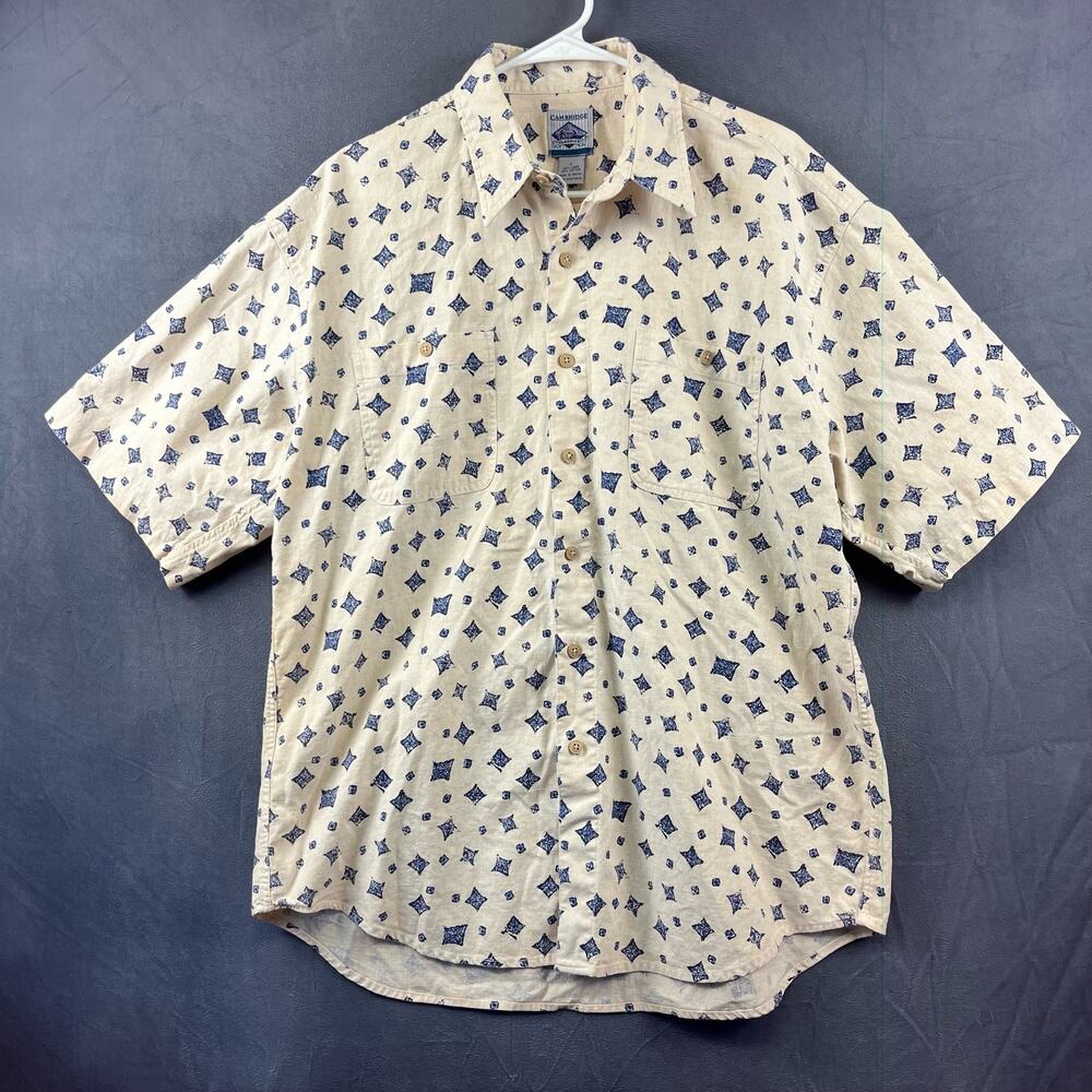 Cambridge Classics Linen Blend Shirt Mens Large VTG Cream Blue Vacation Hawaiian